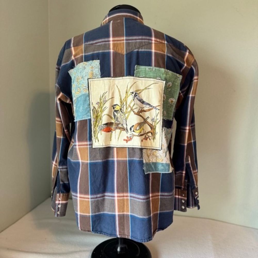 Upcycled Wrangler Custom Western Shirt Plaid Pearl Snap Bird Floral Blue Brown - Picture 2 of 8